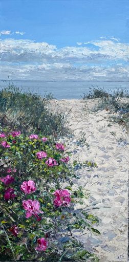 Peter Witt, Heckenrosen am Strandzugang, 202615000799, 2026, Öl auf Leinwand, 60 cm x 30 cm, Preis auf Anfrage, Galerie Cyprian Brenner