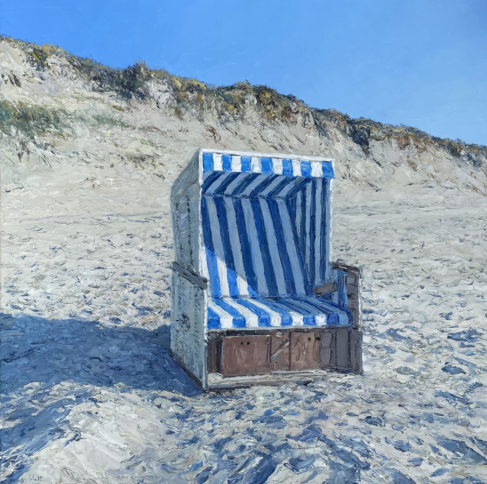 Peter Witt, Strandkorb auf Sylt, 2024, Öl auf Leinwand, 100 cm x 100 cm, Preis auf Anfrage, Galerie Cyprian Brenner