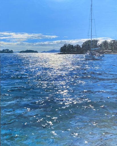 Peter Witt, spiegelndes Wasser Kroatien, 202629500799, 2026, Öl auf Leinwand, 100 cm x 80 cm, Preis auf Anfrage, Galerie Cyprian Brenner