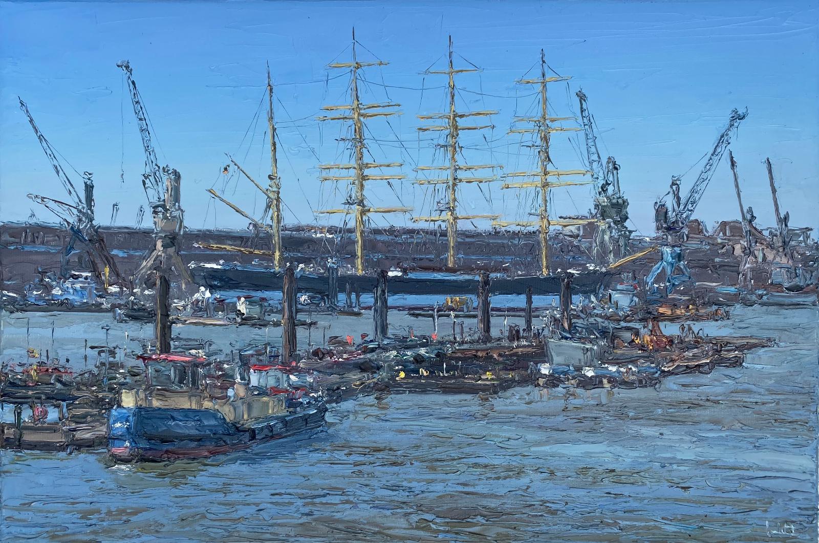 Peter Witt, Viermastbark Peking im Hamburger Hafen, 2024, Öl auf Leinwand, 40 cm x 60 cm, Preis auf Anfrage, Galerie Cyprian Brenner