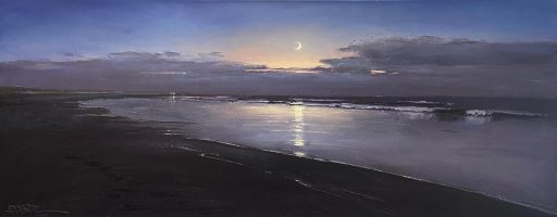 Stefan Dobritz, Abendstimmun mit Mondsichel an der Nordsee, 2023, Öl auf Leinwand, 40 cm x 100 cm, Preis auf Anfrage, Galerie Cyprian Brenner