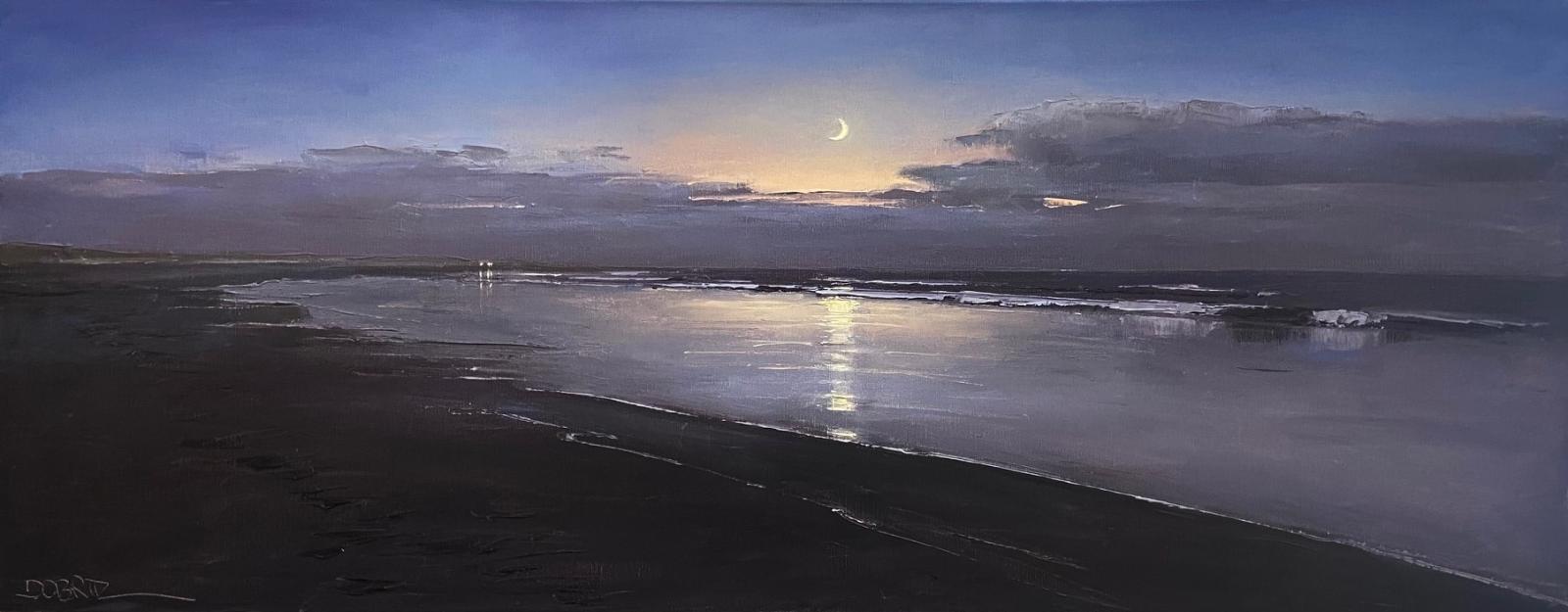 Stefan Dobritz, Abendstimmung mit Mondsichel an der Nordsee, 2023, Öl auf Leinwand, 40 cm x 100 cm, Preis auf Anfrage, Galerie Cyprian Brenner