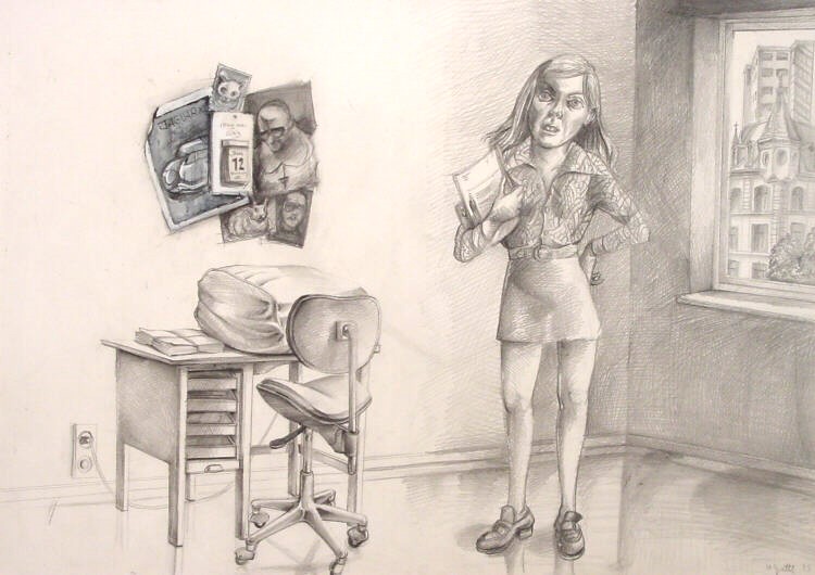 Helmut Goettl, Im Büro, 1975, Zeichnung, 43 cm x 61 cm, Preis auf Anfrage, SüdWestGalerie