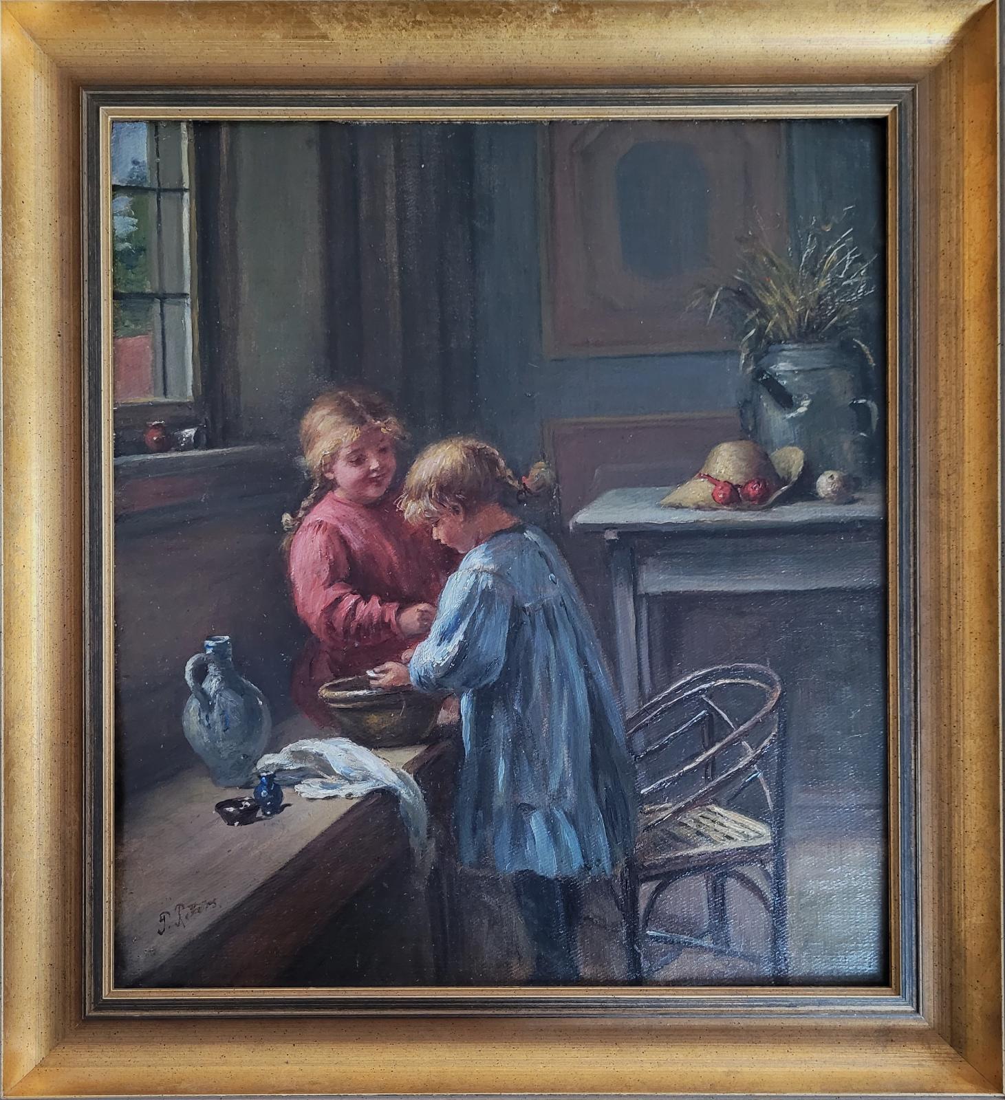 Pietronella Peters, Beim Händewaschen, Öl auf Leinwandauf Karton maroufliert, 42,5 cm x 37,5 cm, Preis auf Anfrage, SüdWestGalerie, mit Rahmen