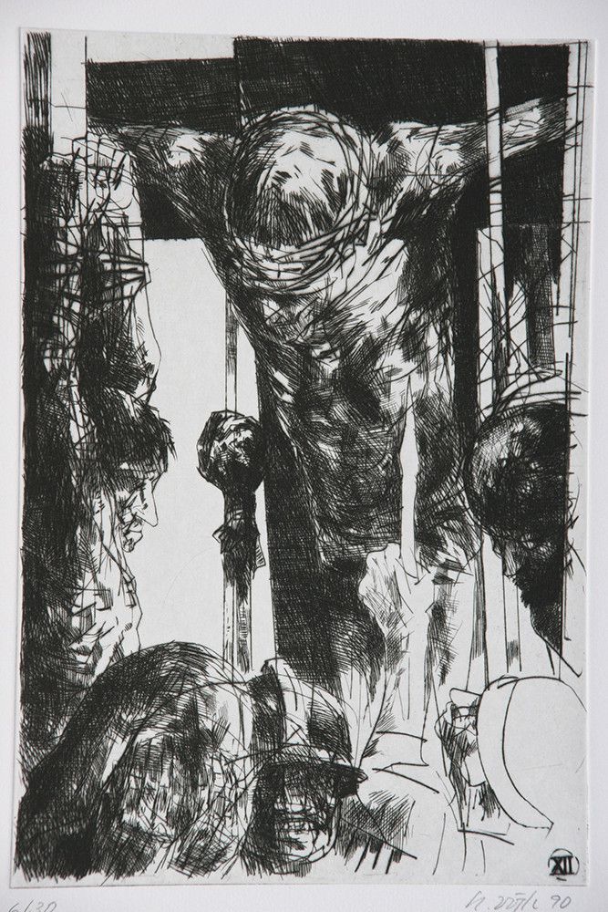 Roland Dörfler, Mappe Kreuzweg, Blatt 12 von 14, 1990, Radierung, Auflage 30 Stück, 45 cm x 35 cm, Preis auf Anfrage, SüdWestGalerie