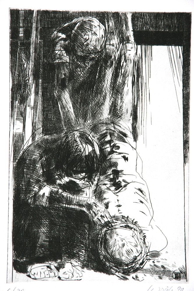 Roland Dörfler, Mappe Kreuzweg, Blatt 13 von 14, 1990, Radierung, Auflage 30 Stück, 45 cm x 35 cm, Preis auf Anfrage, SüdWestGalerie