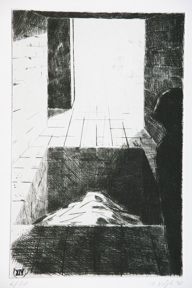 Roland Dörfler, Mappe Kreuzweg, Blatt 14 von 14, 1990, Radierung, Auflage 30 Stück, 45 cm x 35 cm, Preis auf Anfrage, SüdWestGalerie