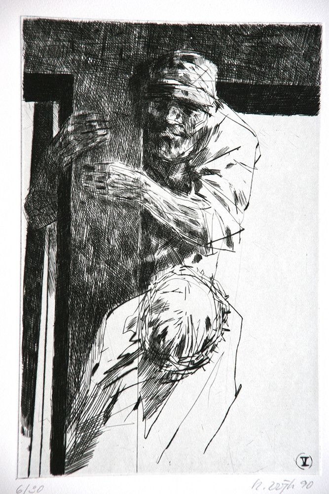 Roland Dörfler, Mappe Kreuzweg, Blatt 5 von 14, 1990, Radierung, Auflage 30 Stück, 45 cm x 35 cm, Preis auf Anfrage, SüdWestGalerie