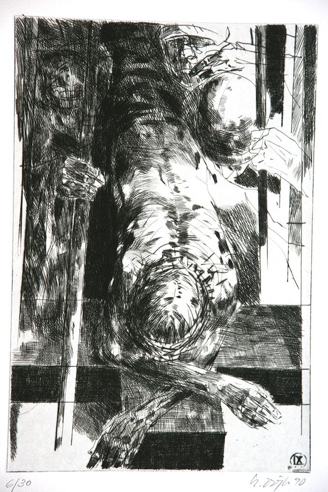 Roland Dörfler, Mappe Kreuzweg, Blatt 9 von 14, 1990, Radierung, Auflage 30 Stück, 45 cm x 35 cm, Preis auf Anfrage, SüdWestGalerie
