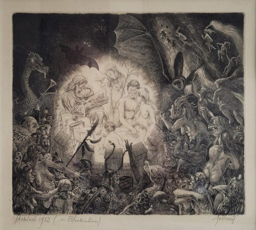 Theo Hellmerich, Elfenbeinturm, 1952, Raderung, Probedruck, 24 cm x 27 cm, mit Rahmen 42 cm x 53 cm, Preis auf Anfrage, SüdWestGalerie