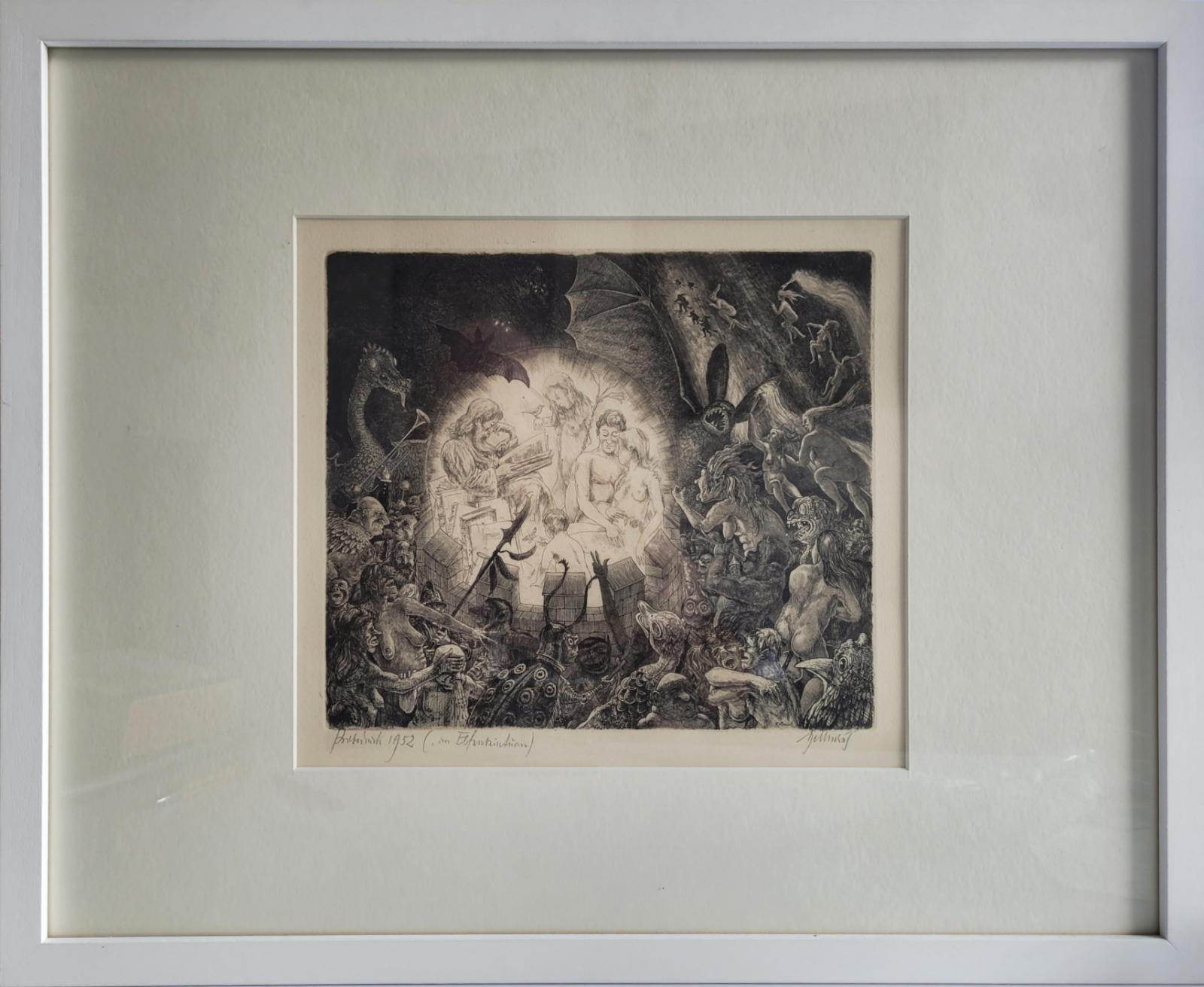 Theo Hellmerich, Elfenbeinturm, 1952, Raderung, Probedruck, 24 cm x 27 cm, mit Rahmen 42 cm x 53 cm, Preis auf Anfrage, SüdWestGalerie, mit Rahmen