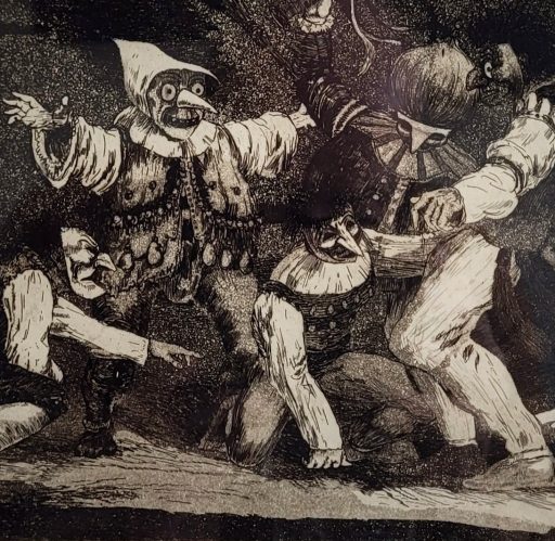 Theo Hellmerich, Fastnachts-Narren, Radierung ohne Signatur, 22 cm x 27 cm, mit Rahmen 43 cm x 53 cm, Preis auf Anfrage, SüdWestGalerie, Ausschnitt